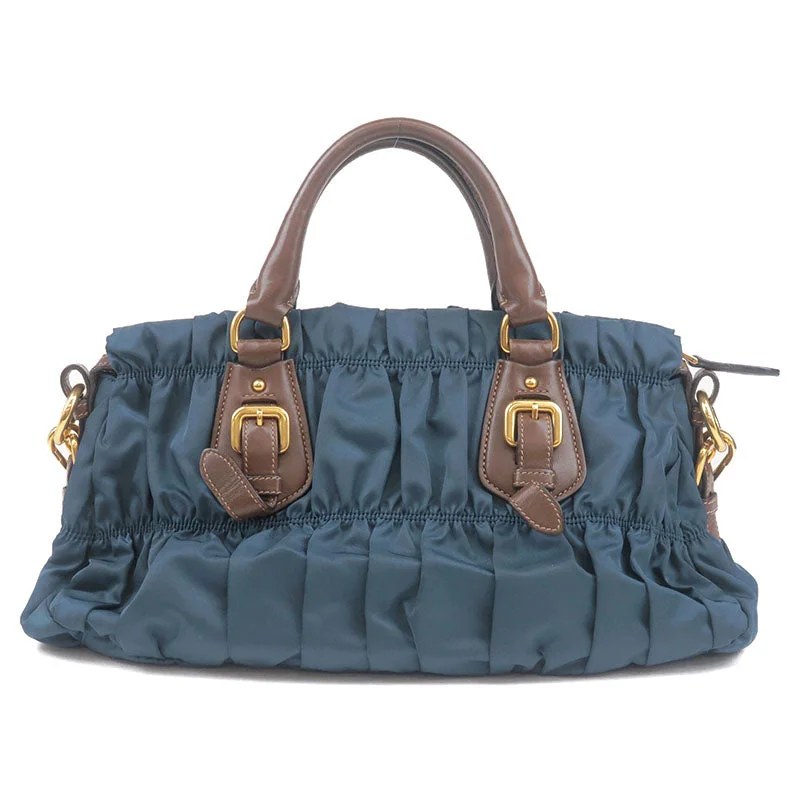 PRADA Gather Nylon Leather 2Way Bag Hand Bag Blue Brown