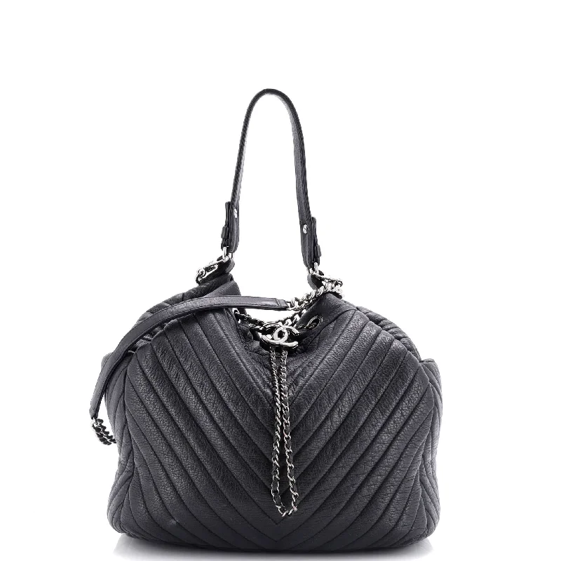 CC Chain Drawstring Bucket Bag Chevron Sheepskin Medium