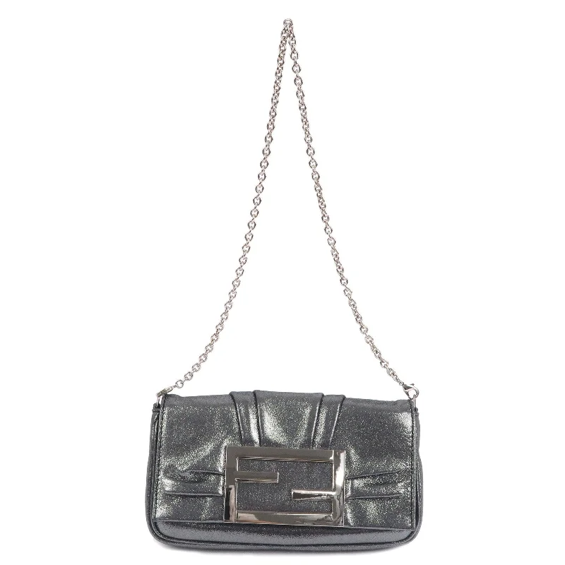 FENDI Satin Canvas Metallic Mia Chain Shoulder Bag Silver 8BP046