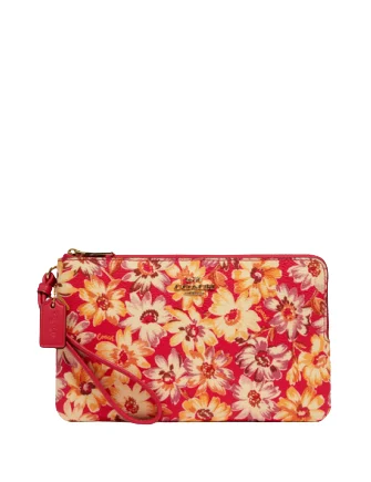 Coach Double Zip Wallet With Vintage Daisy Script Print