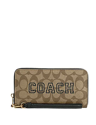 Coach Long Zip Around Wallet In Signature Canvas With Varsity Motif