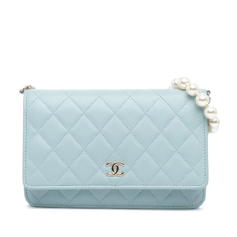 Blue Chanel CC Lambskin Pearl Wallet On Chain Crossbody Bag