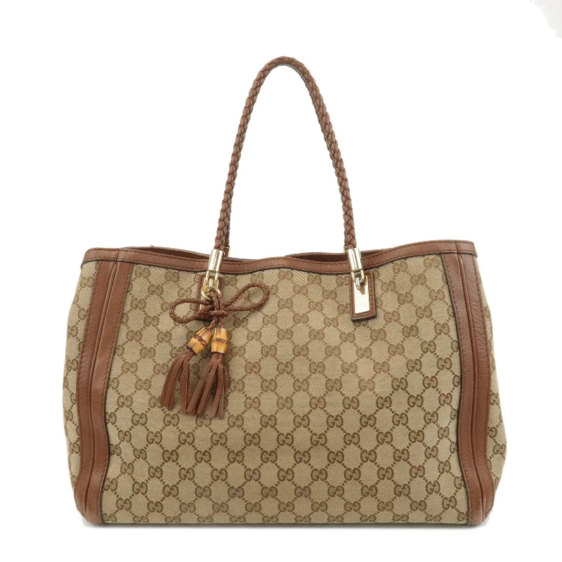 GUCCI Bamboo GG Canvas Leather Tote Bag Beige Brown 269954