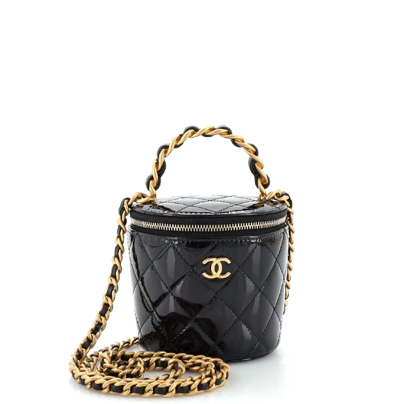 Woven Chain Top Handle Vanity Bucket Bag Quilted Patent