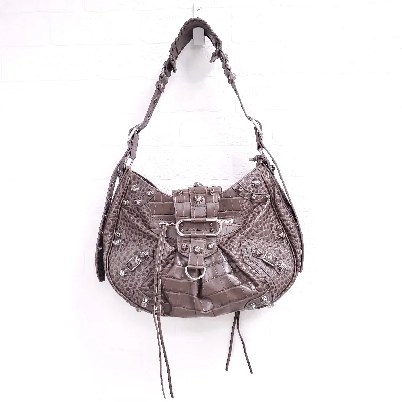 BALENCIAGA TAUPE CROC EMBOSSED LE CAGOLE MEDIUM HANDBAG ($4200)