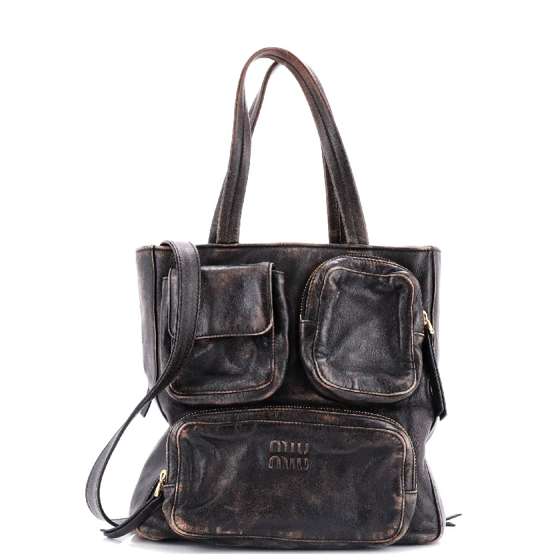 Multiple Pocket Tote Distressed Leather