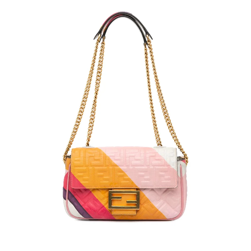 Pink Fendi Zucca Embossed Chain Midi Baguette Shoulder Bag