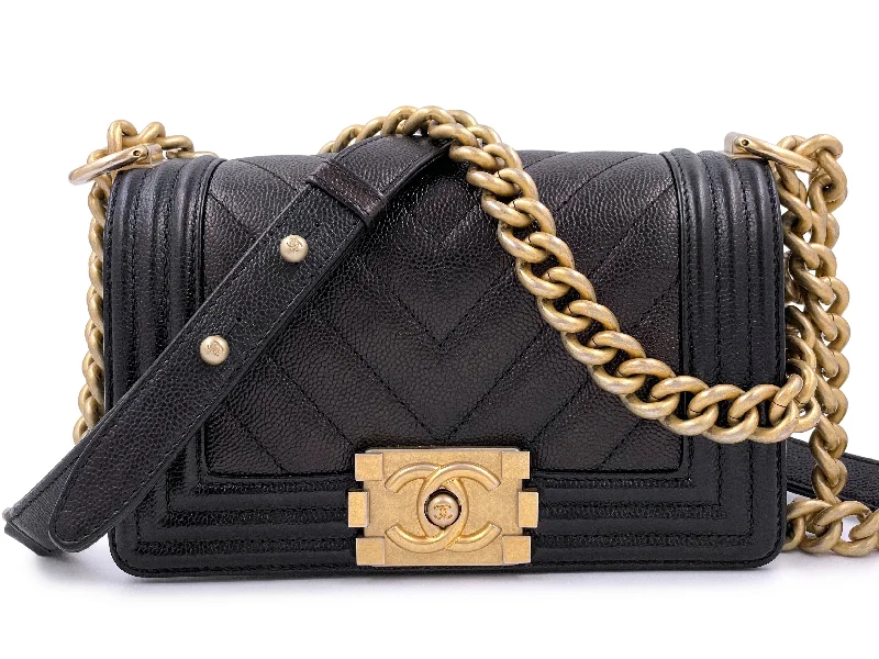 Chanel Black Caviar Chevron Small Boy Flap Bag GHW