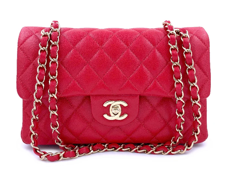 Pristine Chanel 19B Red Caviar Small Classic Double Flap Bag GHW