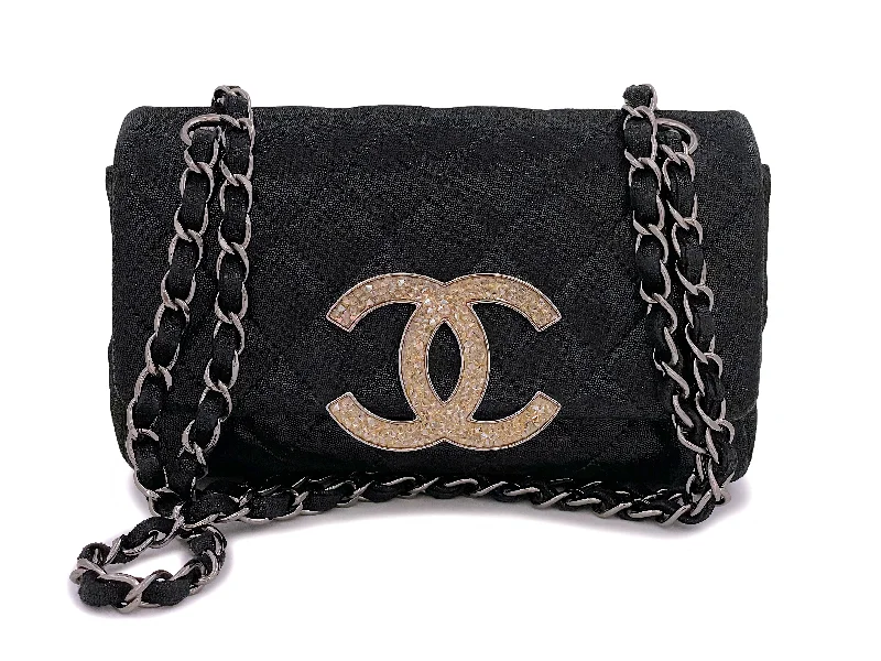 Chanel 11A Black Champagne Strass Crystals Rectangular Mini Flap Bag RHW