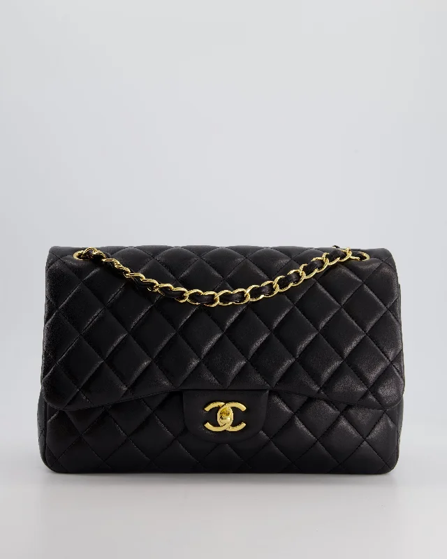 Chanel Black Jumbo Classic Double Flap Bag in Lambskin Leather with Gold Hardware