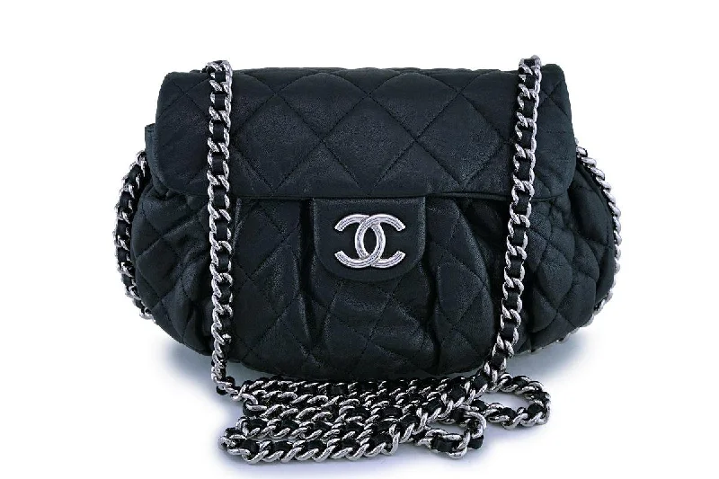 Chanel Black Textured Calf Medium Chain Around Crossbody Flap Bag SHW