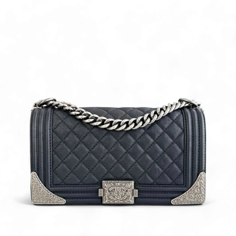 Chanel Boy Medium - 25CM Quilted Limited Edition Paris-Dallas Metal Edge Grained Calfskin Black Silver Hardware Series 19