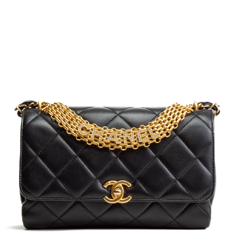 CHANEL CC Crystal Logo Chain Medium Flap Bag - Black