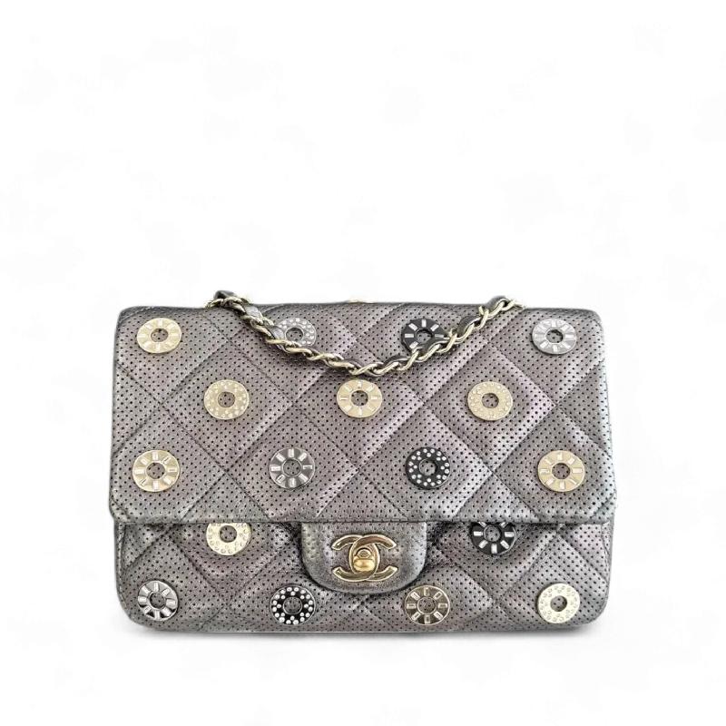 Chanel Seasonal Flap - Cruise Paris-Dubai Medals 2015 Perforated Calfskin Gray Grey Silver Hardware Series 20