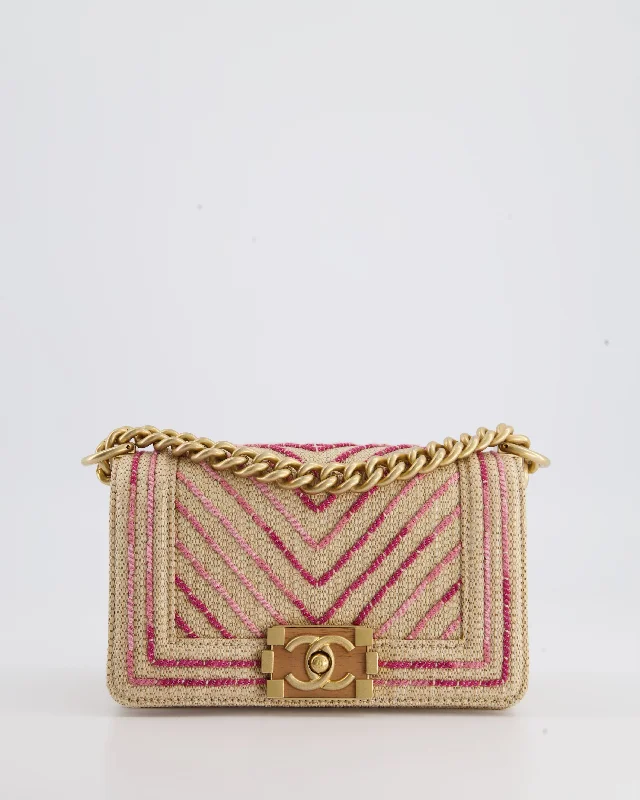 Chanel Small Raffia Boy Bag with Metallic Pink Chevron Stitch and Brushed Gold Hardware