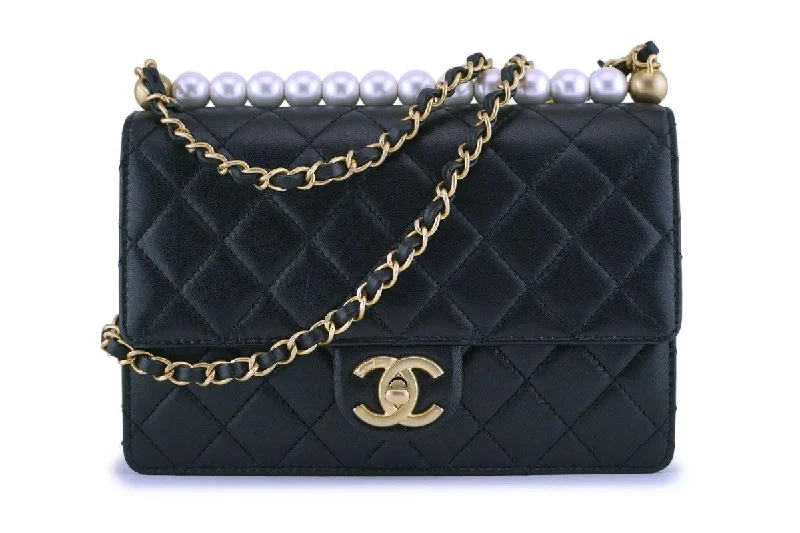 NIB 19S Chanel Black Lambskin Chic Pearls Classic Limited Mini Pearl Flap Bag GHW