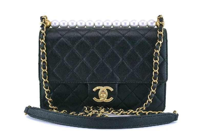 NIB 19S Chanel Black Lambskin Chic Pearls Classic Limited Mini Pearl Flap Bag GHW