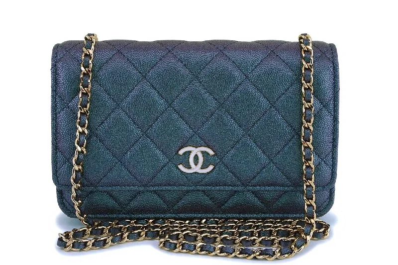 NIB 19S Chanel Iridescent Black Caviar Classic Wallet on Chain Pearly CC WOC Bag