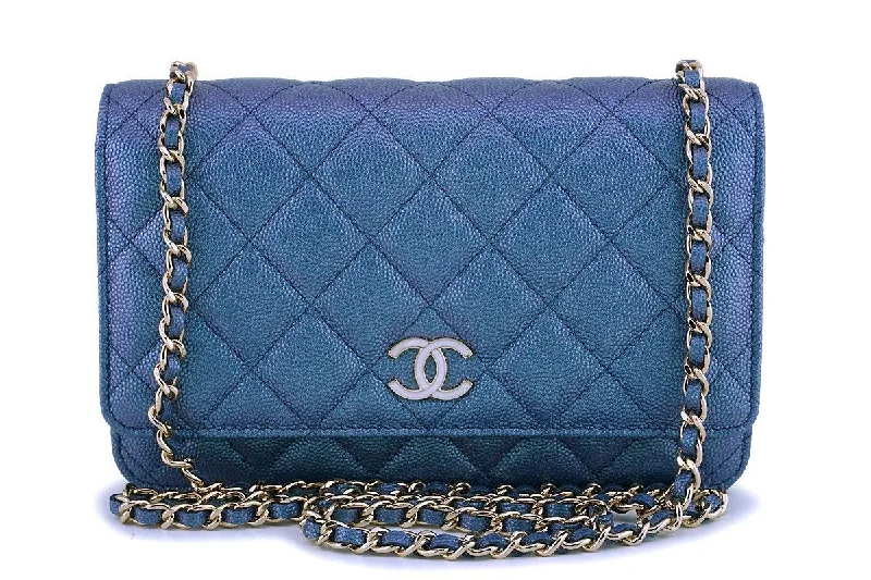 NIB 19S Chanel Iridescent Blue Caviar Classic Wallet on Chain Pearly CC WOC Bag