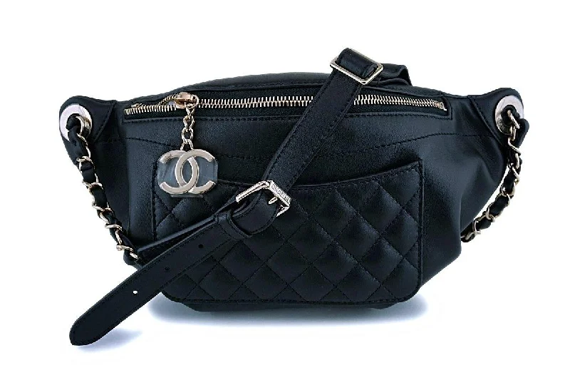 NIB Chanel Black Calfskin "Pocket" Banane Fanny Pack Belt Waist Bag GHW