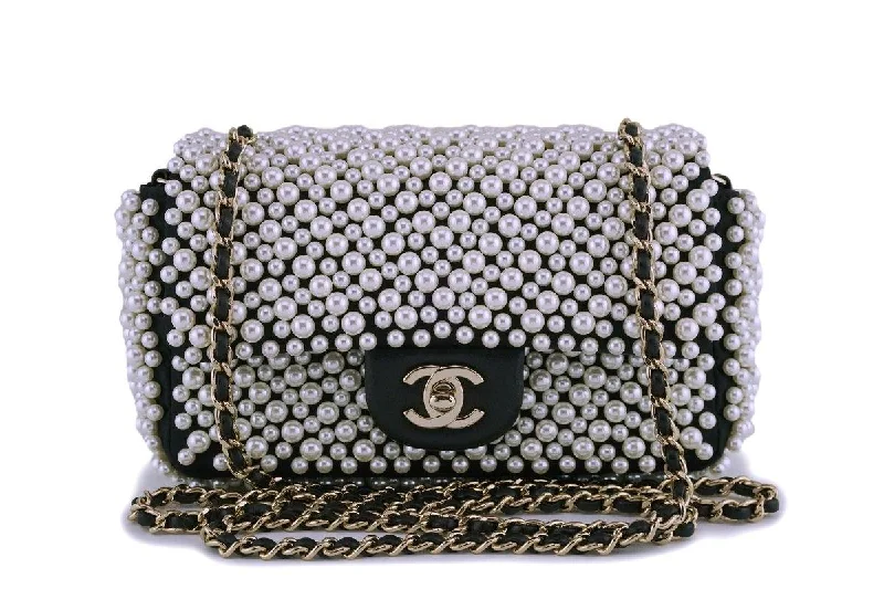 Rare Chanel Black Pearl Studded Mini Classic Flap Bag GHW